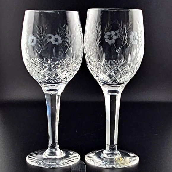 2) Fine Etched Floral Cut Crystal Wine Cocktail Glasses 6 3/4" Yugoslavia 6oz - Picture 1 of 12